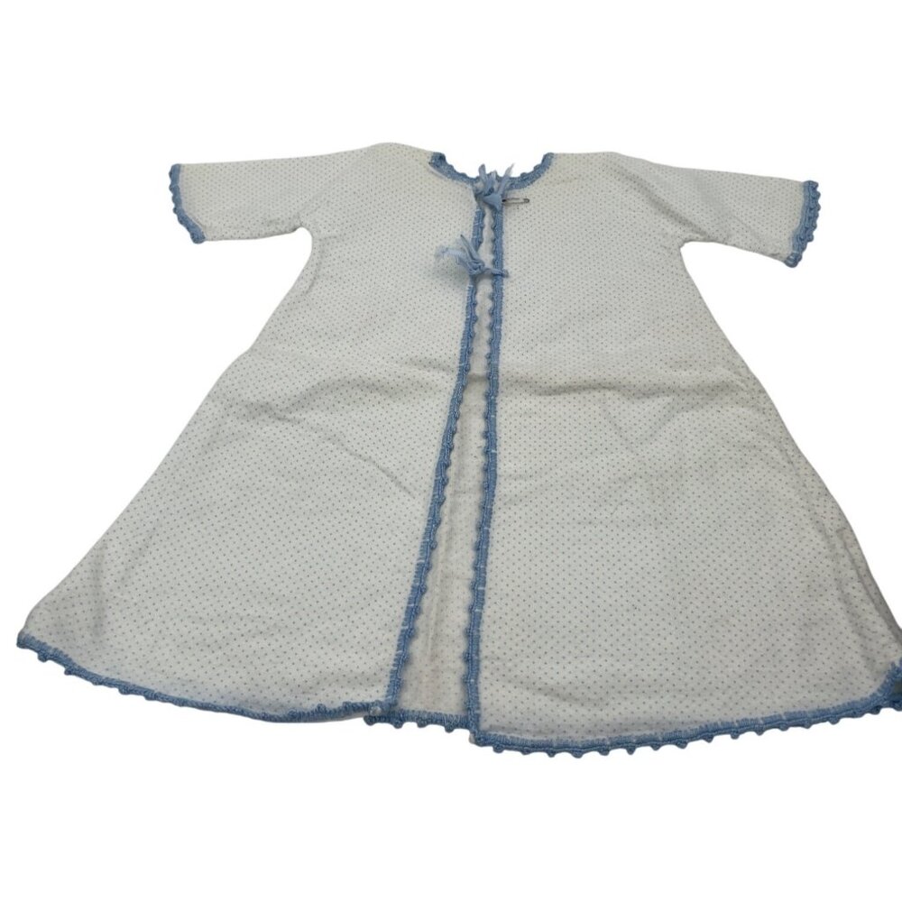 Vintage Baby Kimona Robe Layette Flannel Gown Blue Polka Dots & Crochet Trim